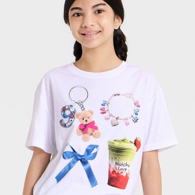 Scavenger Hunt Girls' Scavenger Hunt Charms and Matcha Short Sleeve Oversized Graphic T-Shirt - White S — фото 2