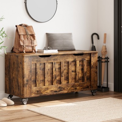 Wooden shoe changing stool，Storage Chest with 4 Wheels,  Storage Trunk with 2 Safety Hinges, Round Corner,  for Entryway, Living Room
