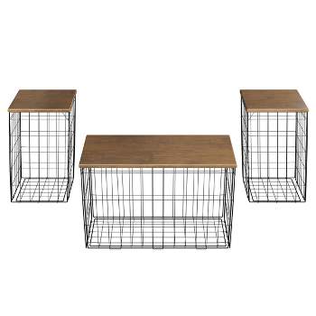 Lavish Home Set of 3 Living Room Tables - Metal Basket Storage with Removable Lids - 2 Small Side and 1 Large Accent Table (Brown/Black)