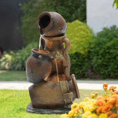 Rustic Brown Resin Tiered Urns Outdoor Fountain with LED Lights