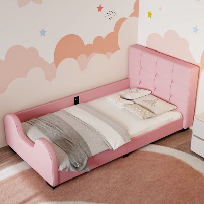 YOOCOZZ Twin Size Upholstered Wood Platform Bed with Headboard and Right Guardrail