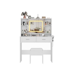 Vanity Sliding Desk and Stool with Mirror and Lights, Makeup Vanity with Charging Station - 1 of 4