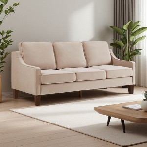 74" Velvet 3-Seater Sofa with Scooped Armrest, Wood Legs & Removable Cushions - 1 of 4