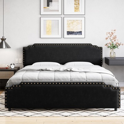 Velvet Upholstered Platform Bed Frame with Rivet Decor Headboard