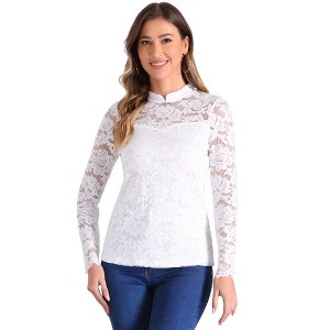 Allegra K Women's Semi Sheer Lace Long Sleeve Round Neck Work Casual Vintage Top - 1 of 4