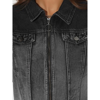 Allegra K Women's Casual Zip-Up Faux Flap Pockets Washed Denim Crop Jacket X-Large Black — фото 4