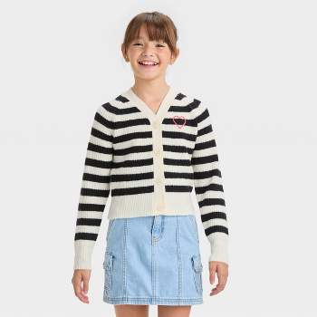 Girls' V-Neck Button-Front Striped Cardigan Sweater - Cat & Jack™ Black/White