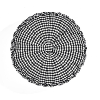 14" Gingham Check Yarn Dyed Pleated Round Throw Pillow Black - Lush Décor