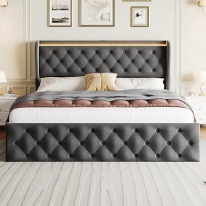 Bed Frame with LED Lights and Charging Station, Velvet Upholstered Platform Bed with Wingback Headboard, Button Tufted, Noise-Free. - 1 of 4