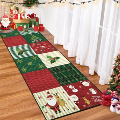 Washable Modern Xmas Patchwork Rug Non Slip Low Pile Rug Soft Christmas Floor Cover Foldable Indoor Carpet for Living Room Bedroom,Red Green/2'x6'
