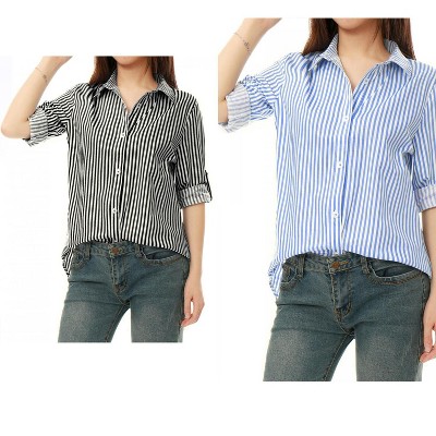 Allegra K Women's Striped Button Down Roll-up Long Sleeves Point Collar Shirt 2 Packs