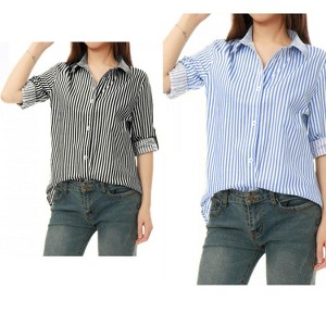Allegra K Women's Striped Button Down Roll-up Long Sleeves Point Collar Shirt 2 Packs - 1 of 4
