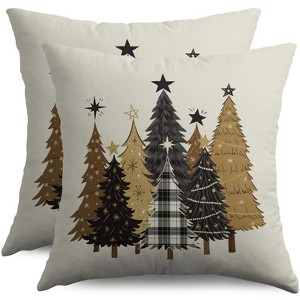 Christmas Pillow Covers 18X18 Set of 2, Black Gold Brown Xmas Tree Buffalo Plaid Print - 1 of 3