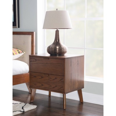 Reid Walnut 2 Drawer Mid-Century Modern Nightstand with Bronze Hardware