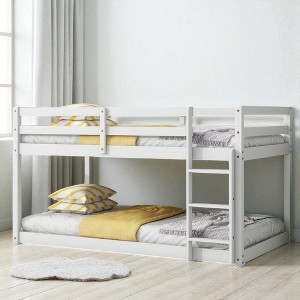 Mshliw Solid Rubber Wood Twin over Twin Floor Bunk Bed with Ladder, Low Height Wooden Bunk Bed Frame with Strengthened Slats and Guardrails - 1 of 4