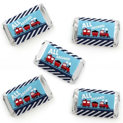 Big Dot of Happiness Railroad Party Crossing - Mini Candy Bar Wrapper Stickers - Steam Train Birthday Party or Baby Shower Small Favors - 40 Count