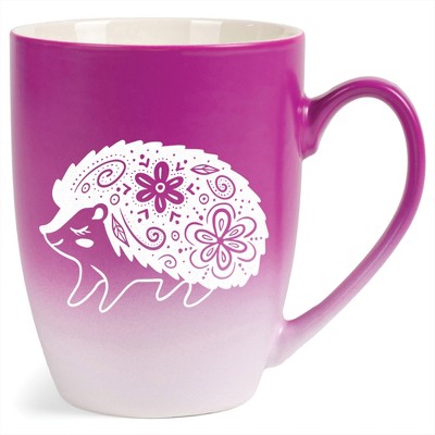 Elanze Designs 12 Ounce Two Toned Ombre Ceramic Tea Coffee Cup Mug Magenta White Woodland Floral Hedgehog