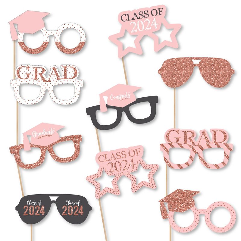 Big Dot of Happiness Rose Gold Grad Glasses - 2024 Paper Card Stock Graduation Party Photo Booth Props Kit - 10 Count, 1 of 8