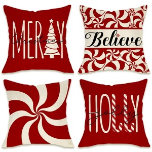 Merry Christmas Tree Decorative Throw Pillow Cover 18 x 18 Set of 4, Xmas Red Candy Canes Porch Patio - 1 of 4