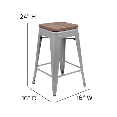 Modern 24" Silver Metal and Wood Stackable Bar Stools - Set of 4