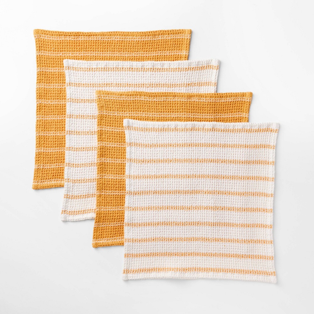 Photos - Other Accessories 4pk Dish Cloth Set Yellow - Figmint™: Cotton Waffle Stripe Kitchen Towels, Machine Washable, 12"x12", Summer Collection