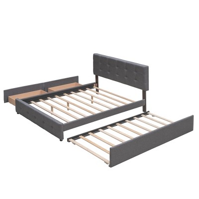 NicBex Queen Size Linen Upholstered Platform Bed with 2 Drawers and 1 Twin XL Trundle for Adults/Boys/Girls
