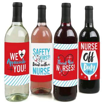 Big Dot of Happiness Thank You Nurses - Nurse Appreciation Week Decorations for Women and Men - Wine Bottle Label Stickers - Set of 4