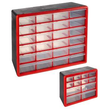 Set of Two Storage Bins with Drawers – Pair of 12 and 24 Drawer Desktop or Wall Mount Plastic Tool Organizers for Hardware or Crafts by Stalwart (Red)