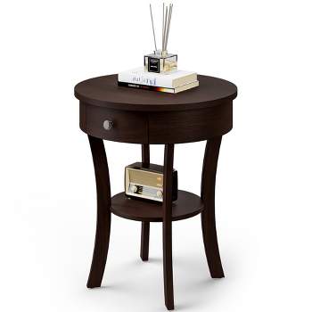 Costway 2-tier Side End Sofa Table Round Nightstand for Bedroom Living Room White/Espresso