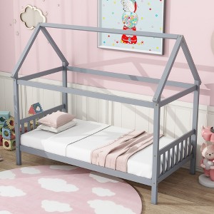 Sapphtopaz House Bed Frame for Kid Platform Bed with Wood Fence Frame for Kids Bedroom, Playroom, Nursery - 1 of 4