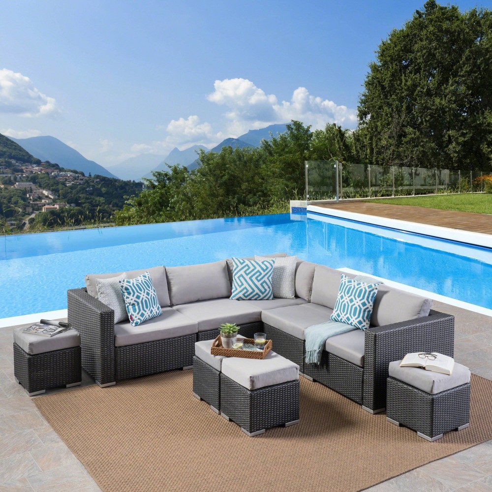 Photos - Garden Furniture Santa Rosa 9pc Wicker Sectional Sofa Set - Gray/Silver - Christopher Knigh