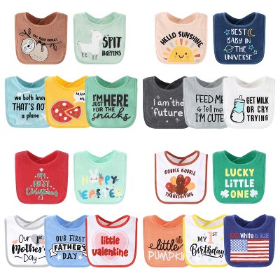 The Peanutshell Unisex Terry Bibs, 20 Pack for Feeding, Teething, or Drooling|Hello Sunshine/Holiday