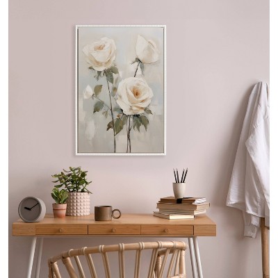 Soft White Roses Beaded Framed Canvas Wall Art, 23x33