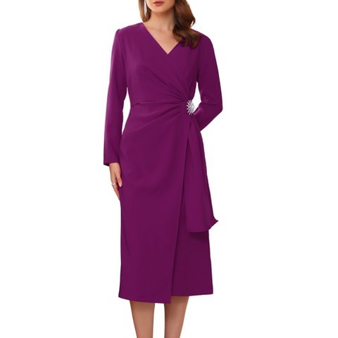Женские платья INSPIRE CHIC Women's Cocktail Wrap Ruched V Neck Long Sleeve Elegant Formal Sheath Dresses Small Purple