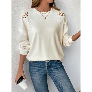 Women's Fall Long Sleeve Hollow Out Causal T-shirt Round Neck Loose Solid Color Pullover Top Blouse - 1 of 4