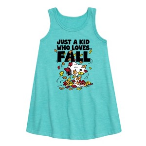 Girls' - Peanuts - Just A Kid Who Loves Fall Graphic Sleeveless Aline Dress - 1 of 4