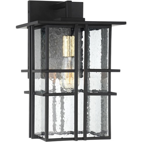 Possini Euro Design Modern Outdoor Wall Light Fixture Black Geometric Frame 12 Seedy Glass For Exterior House Porch Patio Deck, Modern Outdoor Wall Sconce Black