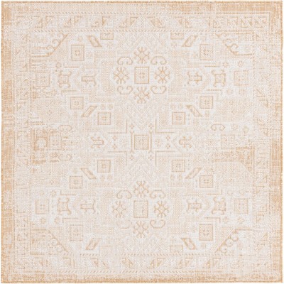 Natural Medallion 5'3" Square Outdoor Aztec Rug in Brown