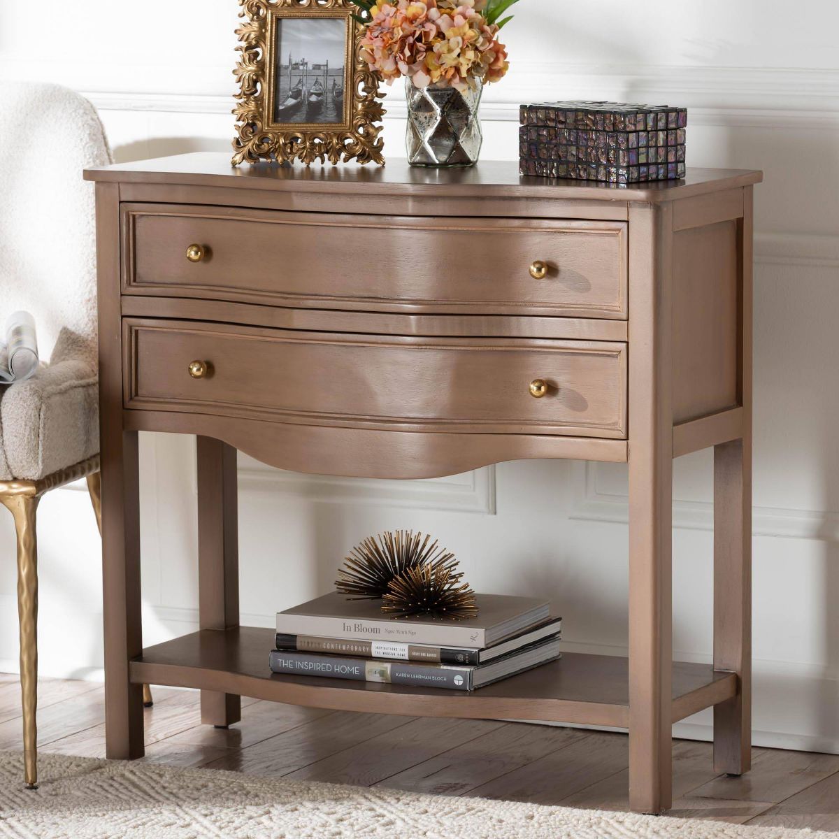 bali & pari Kelila Console Table with Curved Front 2-Drawer Entryway Table with Open Shelf Brown - thumbnail 9