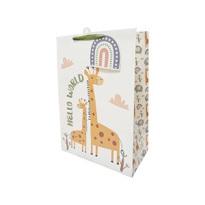 Bows And Sparkles XLarge 'Hello World' Giraffe Baby Gift Bag with Tag White - 1 of 3