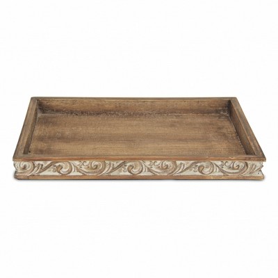 HomeRoots 17" Brown Distressed Finish Wood Tray With Side Carvings
