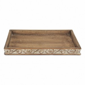 HomeRoots 17" Brown Distressed Finish Wood Tray With Side Carvings - 1 of 4