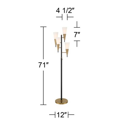 71" Tall Black and Gold Mid Century Modern Floor Lamp with Frosted Glass Shades
