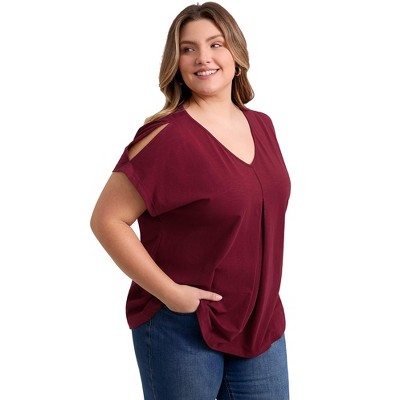 GRACE & GRANDEUR Women's Plus Size Front Pleated V Neck Slit Sleeve Cold Shoulder Summer Blouses