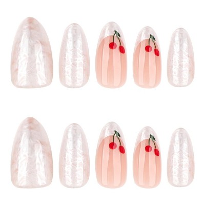 LOVELAY CREATIONS French Tip Medium Almond Press-On Nails with Cherry Designs