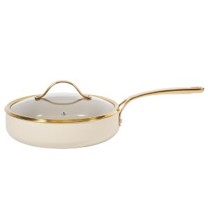 Bloomhouse 10 Inch Heavy Duty Aluminum Premium PFA Free Ceramic Nonstick Saute/Deep Frying Pan Skillet with Lid - Linen White with Gold Handle - 1 of 4