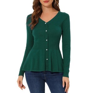 Allegra K Women's Slim Fit V-Neck Long Sleeve Ribbed Pullover Knitted Peplum Sweater - 1 of 4