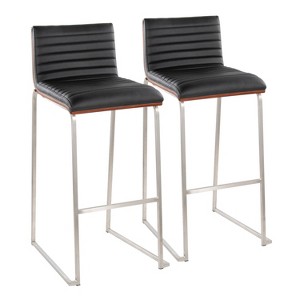 LumiSource Set of 2 30" Mason Mara Barstools Stainless Steel Walnut PU Leather - 1 of 4
