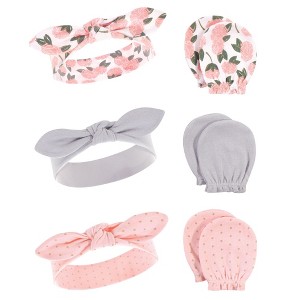 Hudson Baby Infant Girls Cotton Headband and Scratch Mitten 6pc Set, Pink Peony, 0-6 Months - 1 of 2