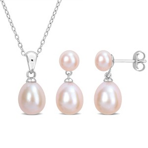 EVERLY JEWELRY | Sterling Silver 5.5-8.5mm Pink Cultured Freshwater Pearl Pendant with Chain and Drop Earring 2-Piece Set, 18-inch - 1 of 4